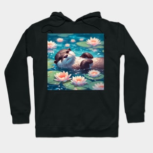 Kawaii Anime Otter Swimming With Water Lily Hoodie